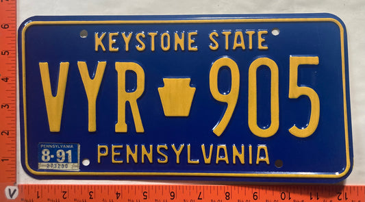 1991 Pennsylvania #VYR 905 Passenger License Plate