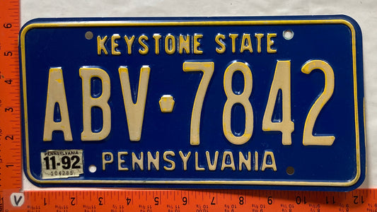 1992 Pennsylvania #ABV 7842 Passenger License Plate