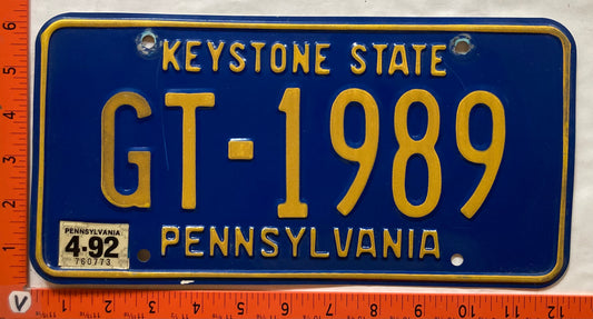 1992 Pennsylvania #GT-1989 Passenger License Plate