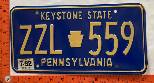 1992 Pennsylvania #ZZL 559 Passenger License Plate