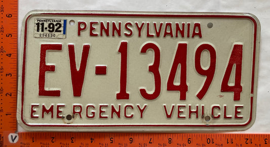 1992 Pennsylvania #EV-13494 Emergency Vehicle License Plate