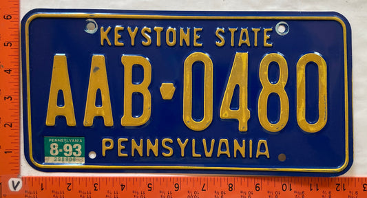 1993 Pennsylvania #AAB 0480 Passenger License Plate
