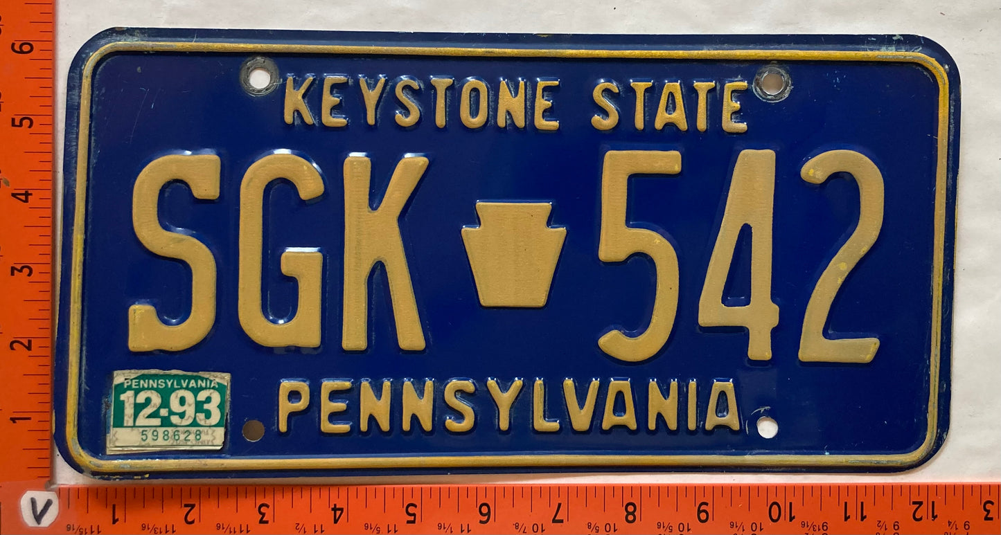 1993 Pennsylvania #SGK 542 Passenger License Plate