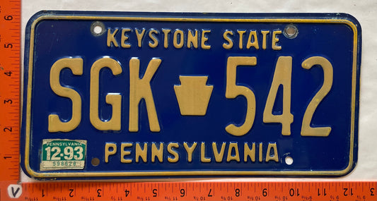1993 Pennsylvania #SGK 542 Passenger License Plate