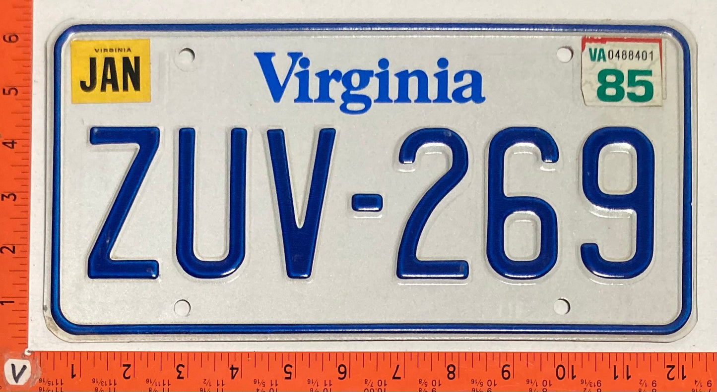 1985 Virginia #ZUV-269 Passenger License Plate