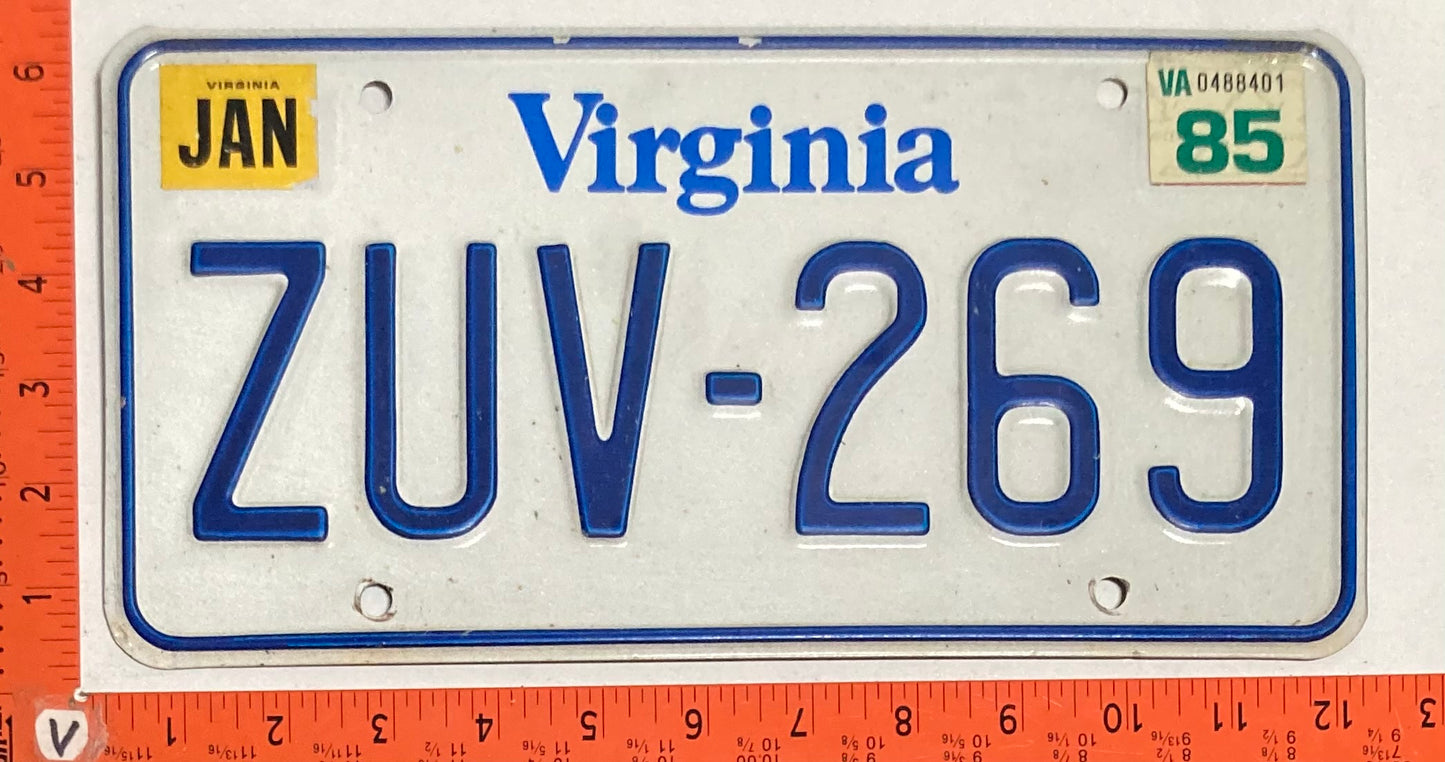 1985 Virginia #ZUV-269 Passenger License Plate