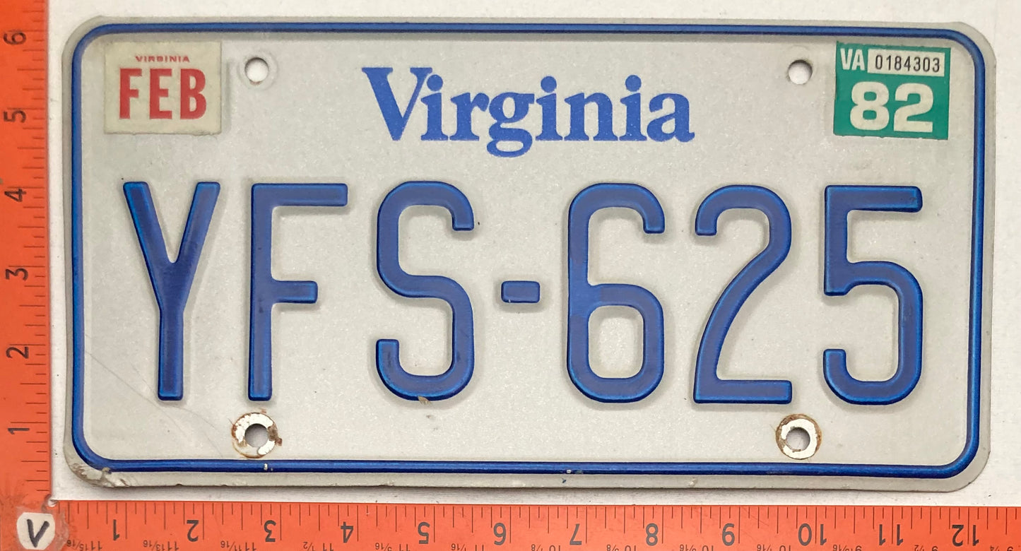 1982 Virginia #YFS-625 Passenger License Plate