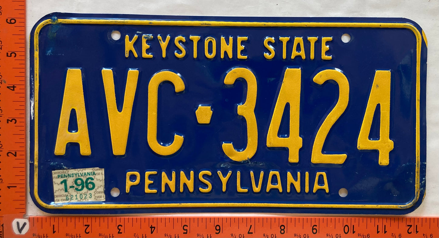 1996 Pennsylvania #AVC 3424 Passenger License Plate