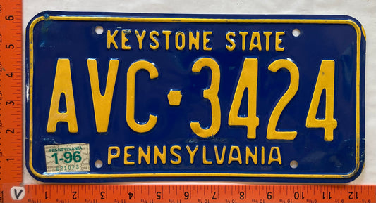 1996 Pennsylvania #AVC 3424 Passenger License Plate