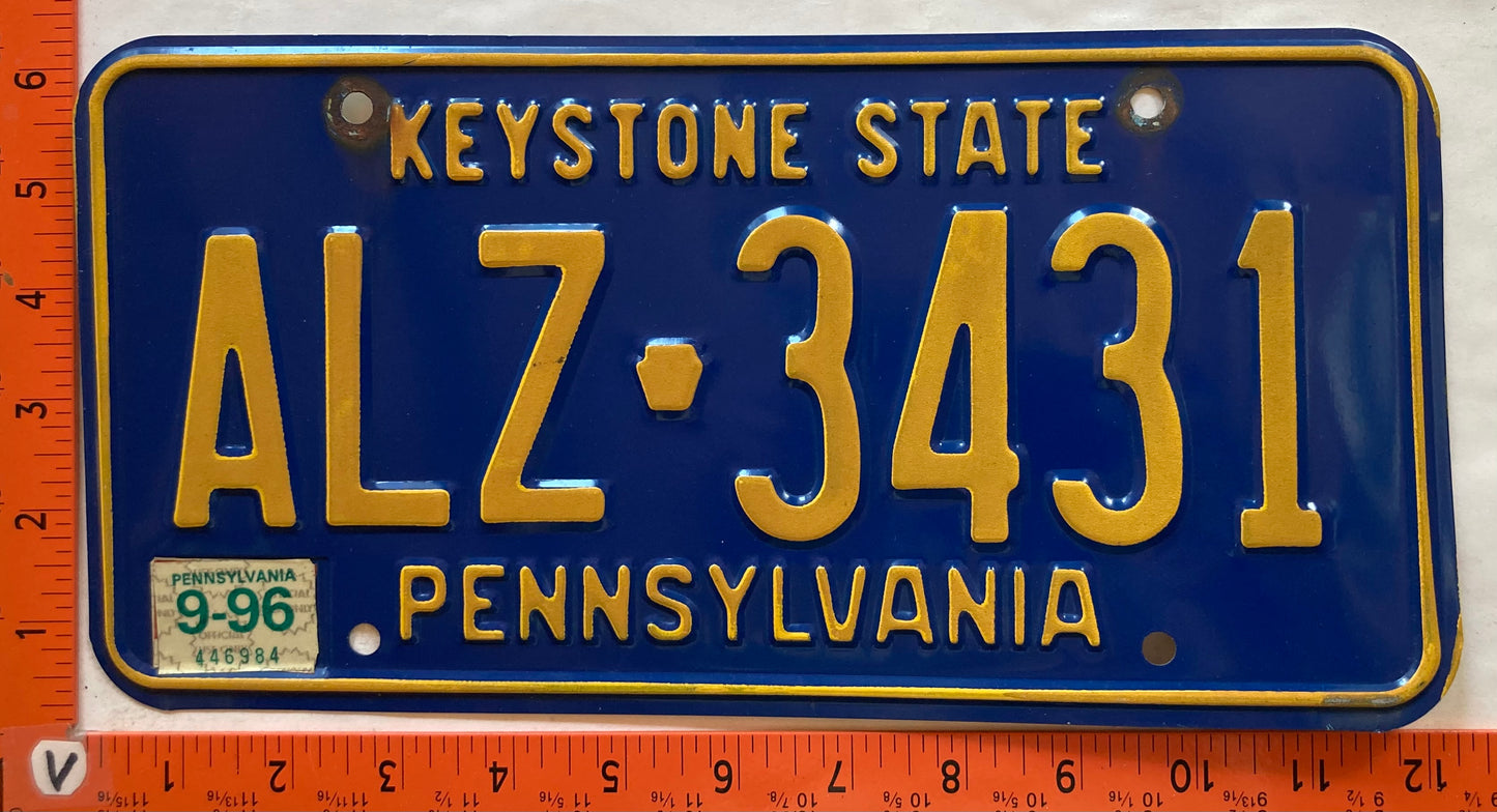 1996 Pennsylvania #ALZ 3431 Passenger License Plate (with Registration)