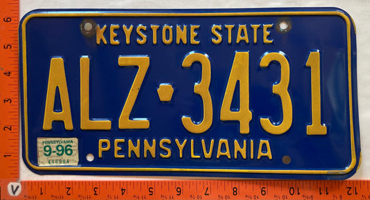 1996 Pennsylvania #ALZ 3431 Passenger License Plate (with Registration)