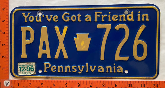 1996 Pennsylvania #PAX 726 Passenger License Plate