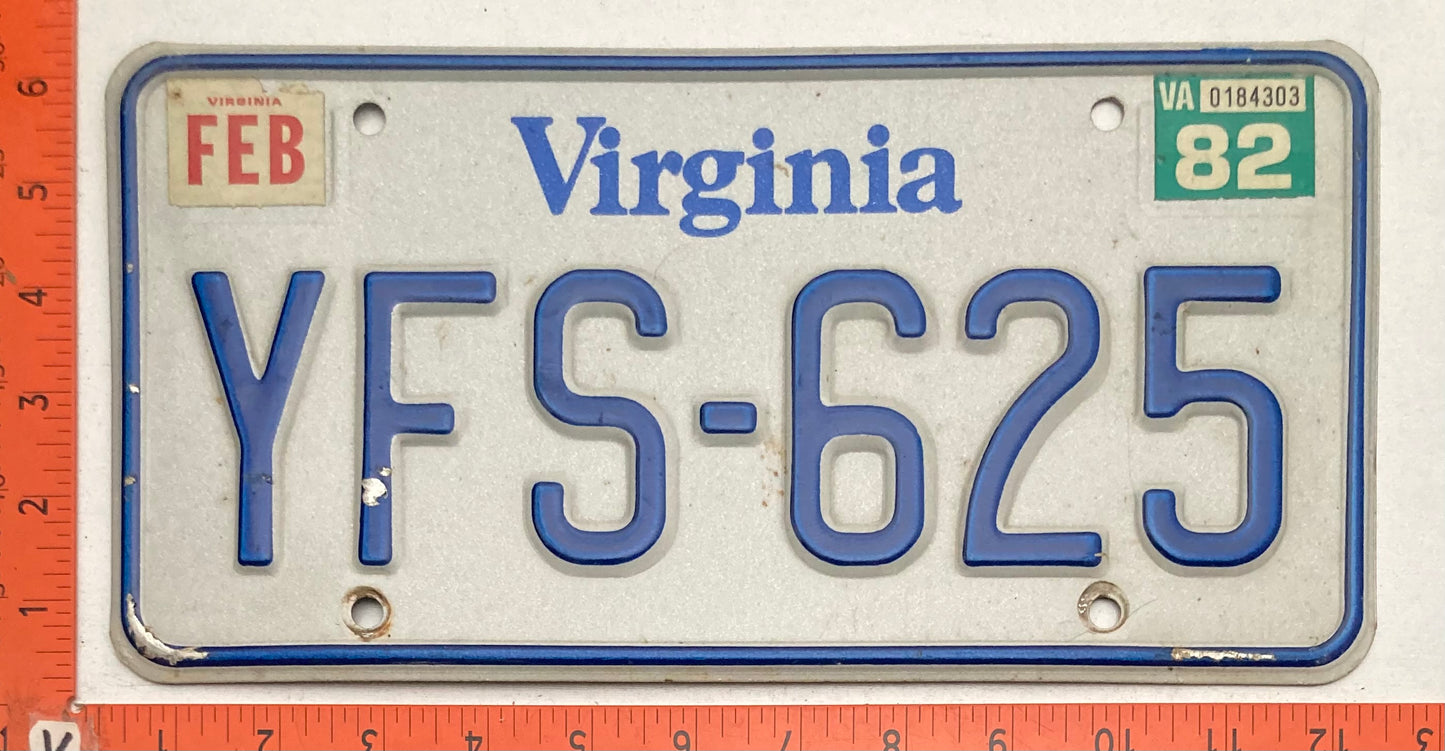 1982 Virginia #YFS-625 Passenger License Plate