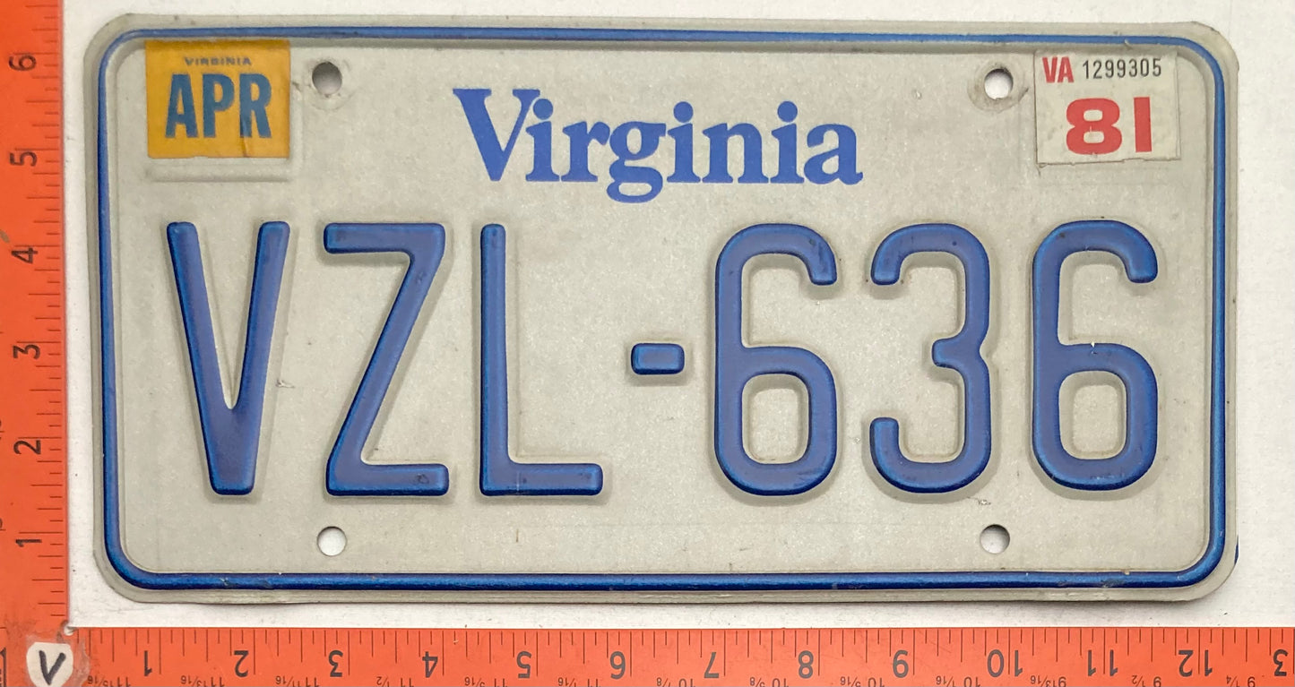 1981 Virginia #VZL-636 Passenger License Plate