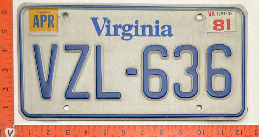 1981 Virginia #VZL-636 Passenger License Plate