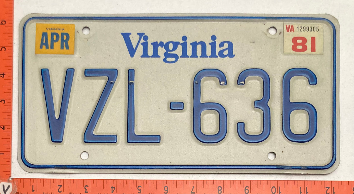 1981 Virginia #VZL-636 Passenger License Plate