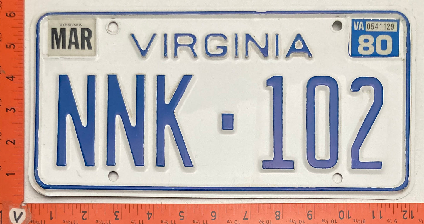 1980 Virginia #NNK-102 Passenger License Plate
