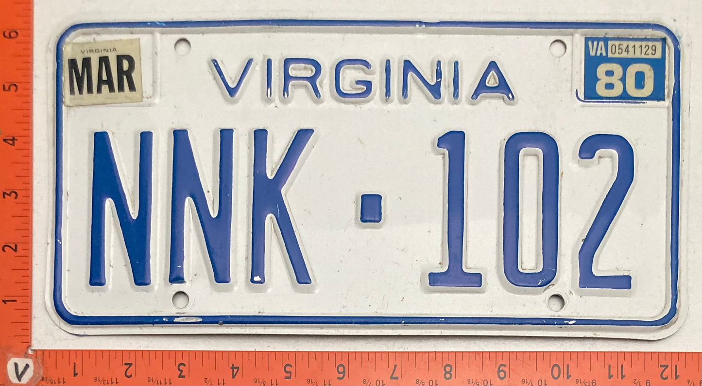 1980 Virginia #NNK-102 Passenger License Plate