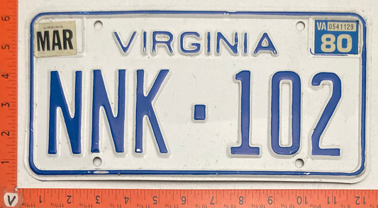 1980 Virginia #NNK-102 Passenger License Plate