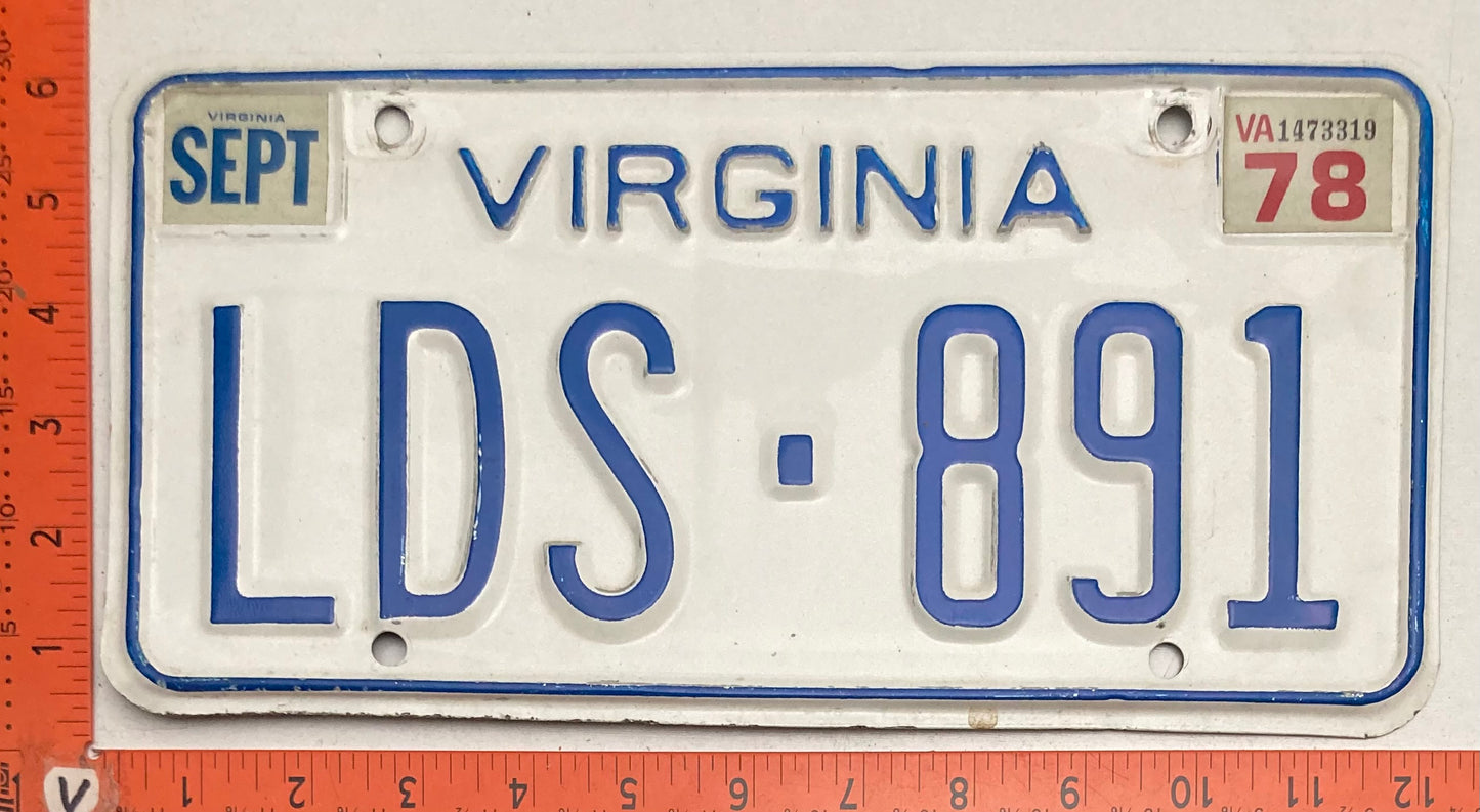 1978 Virginia #LDS-891 Passenger License Plate