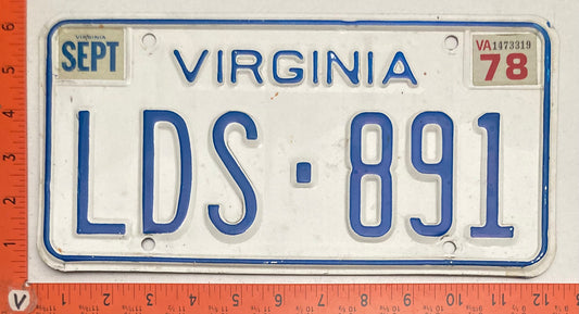 1978 Virginia #LDS-891 Passenger License Plate