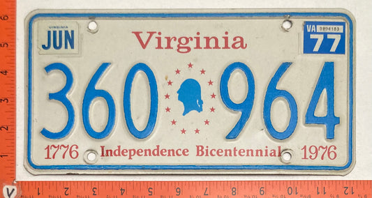 1977 Virginia #360 964 Passenger License Plate  BICENTENNIAL