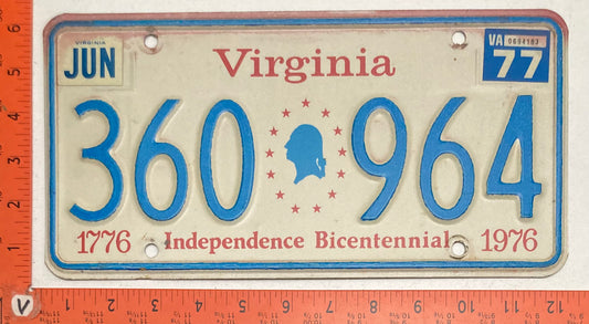 1977 Virginia #360 964 Passenger License Plate  BICENTENNIAL