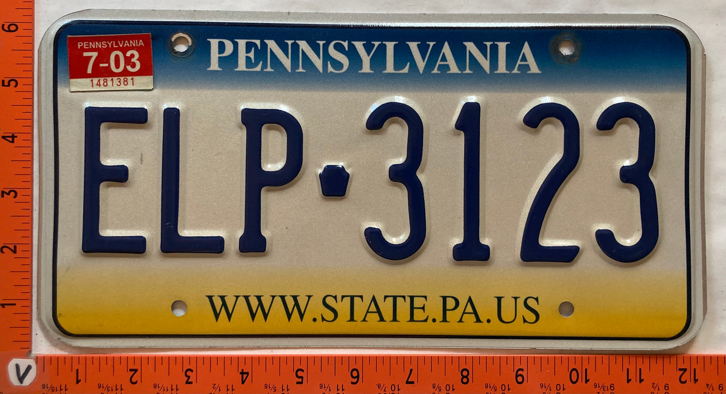 2003 Pennsylvania #ELP-3123 Passenger License Plate