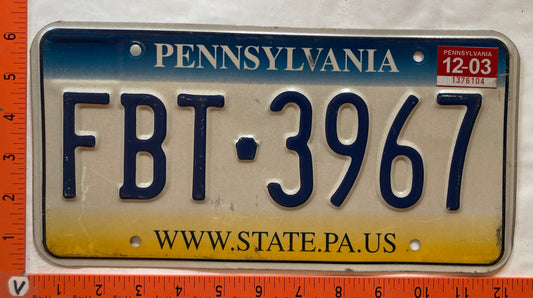 2003 Pennsylvania #FBT-3867 Passenger License Plate