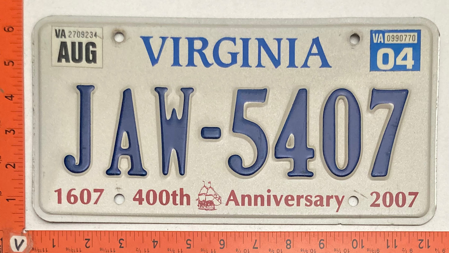 2004 Virginia #JAW-5407 Passenger License Plate (400th Anniversary)