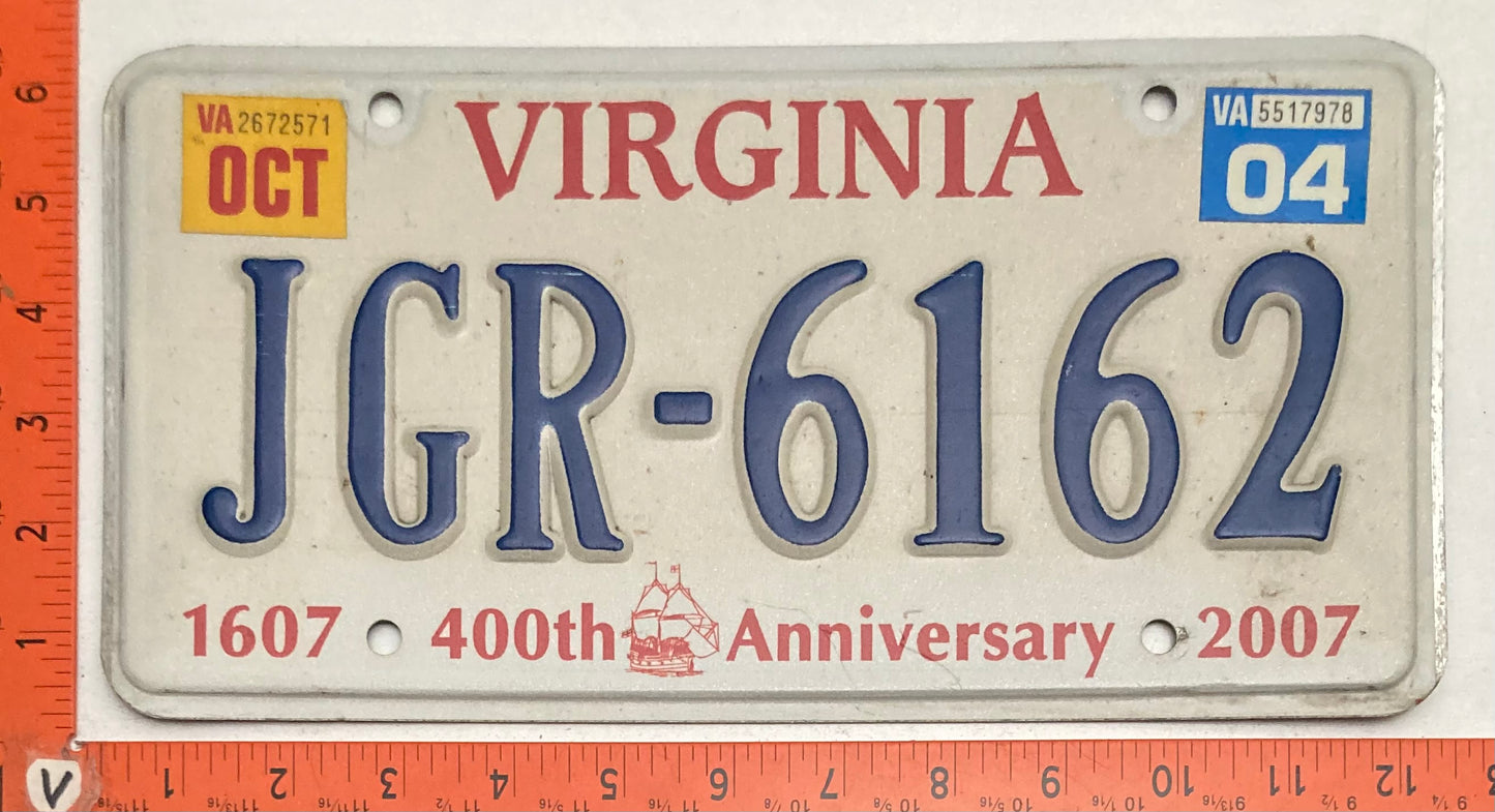 2004 Virginia #JGR-6162 Passenger License Plate (400th Anniversary)
