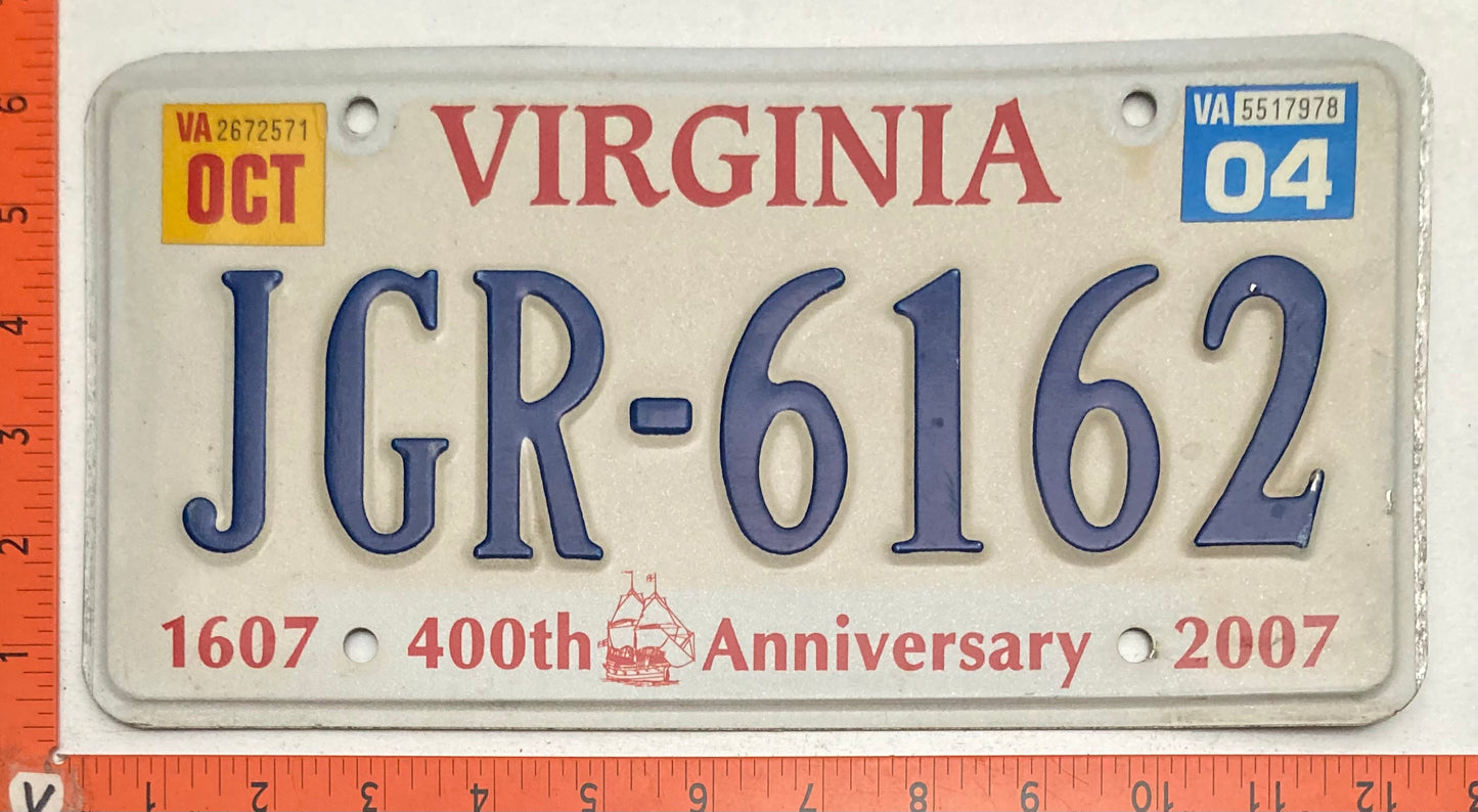 2004 Virginia #JGR-6162 Passenger License Plate (400th Anniversary)