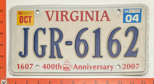 2004 Virginia #JGR-6162 Passenger License Plate (400th Anniversary)