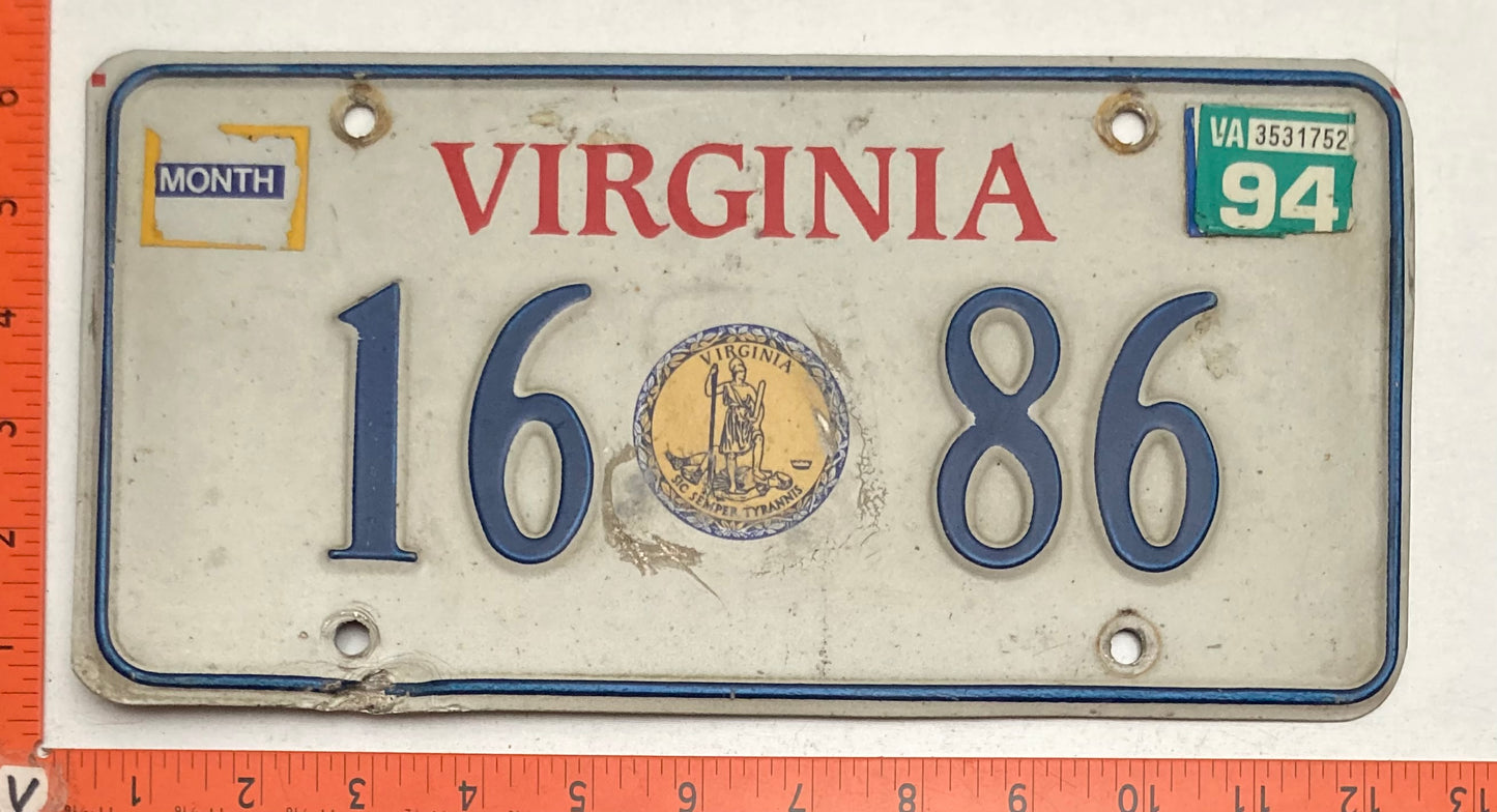 1994 Virginia #16 86 Passenger License Plate (Gold Seal base)