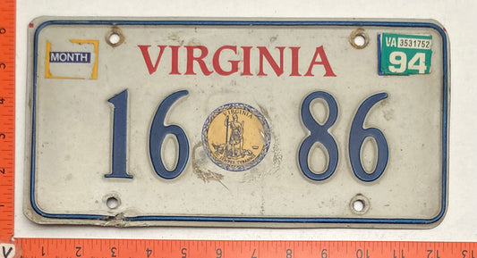 1994 Virginia #16 86 Passenger License Plate (Gold Seal base)
