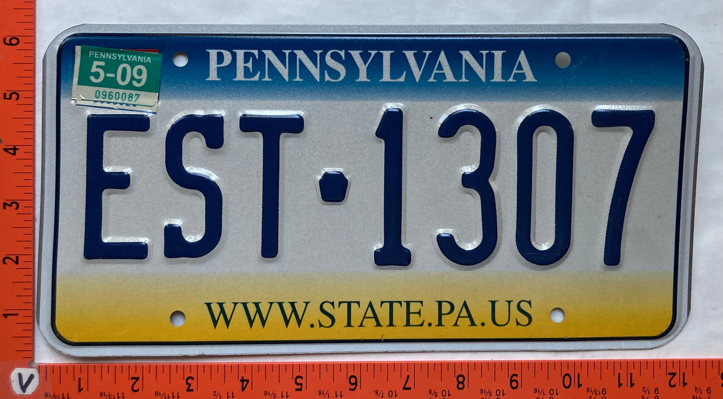 2009 Pennsylvania #EST 1307 Passenger License Plate