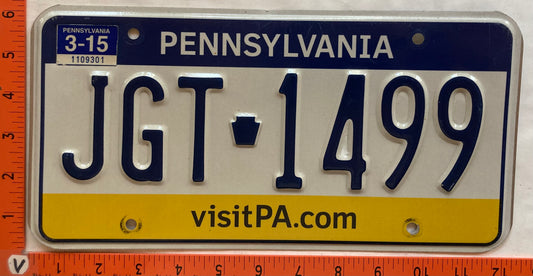 2015 Pennsylvania #JGT 1499 Passenger License Plate