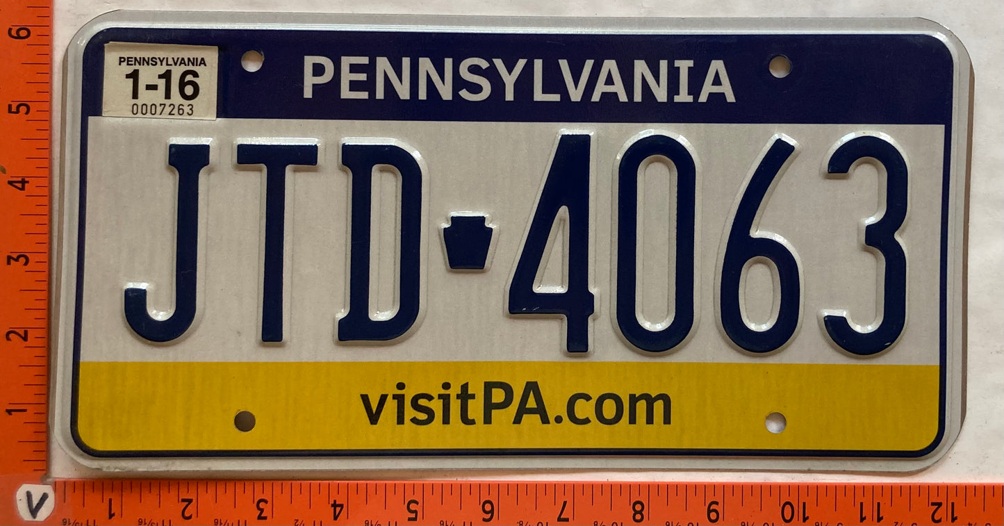 2016 Pennsylvania #JTD 4063 Passenger License Plate