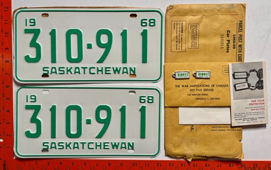 1968 Saskatchewan #310-911 Passenger License Plate Pair w/keychain tags