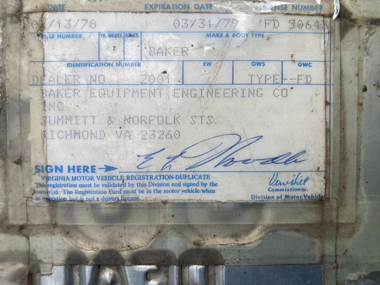 1979 Virginia #F/D 50-643 Factory Dealer License Plate