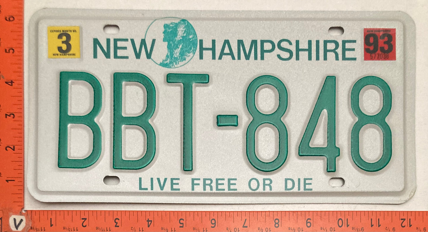 1993 New Hampshire #BBT-848 Passenger License Plate
