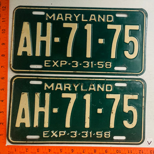 1958 Maryland #AH-71-75 Passenger License Plate (Pair)