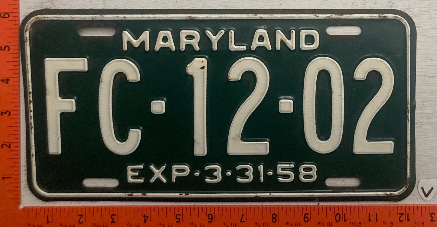 1958 Maryland #FC-12-02 Passenger License Plate