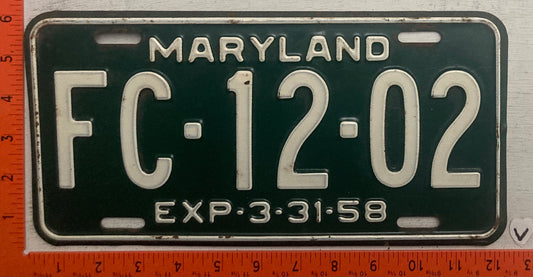 1958 Maryland #FC-12-02 Passenger License Plate