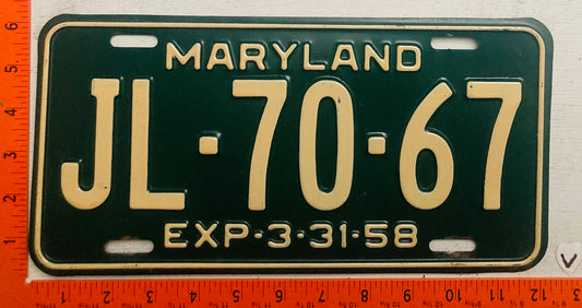 1958 Maryland #JL-70-67 Passenger License Plate