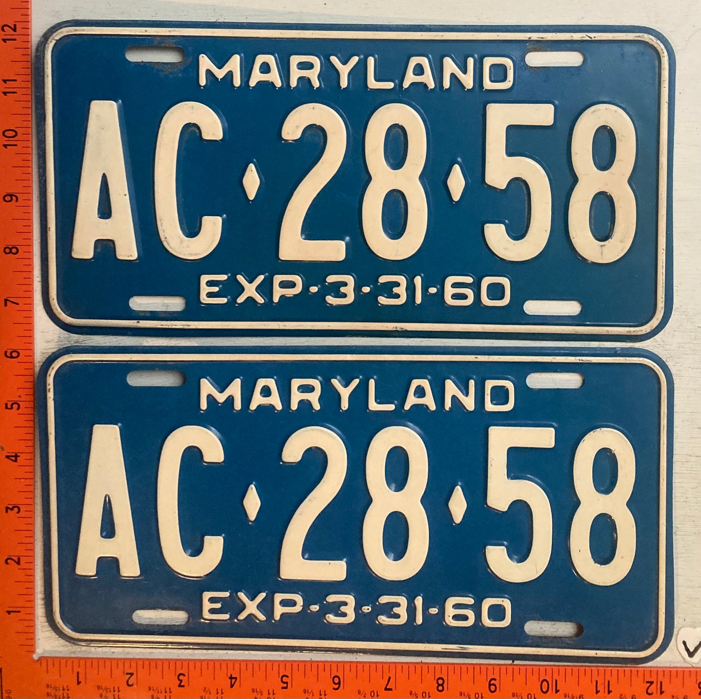 1960 Maryland #AC-28-58 Passenger License Plate (Pair)
