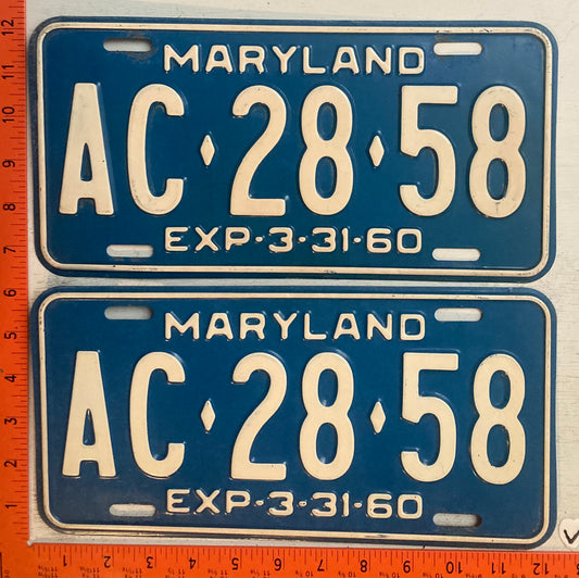 1960 Maryland #AC-28-58 Passenger License Plate (Pair)