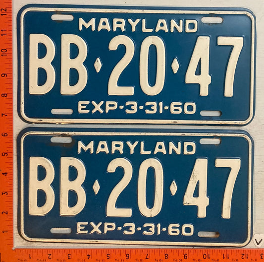 1960 Maryland #BB-20-47 Passenger License Plate (Pair)