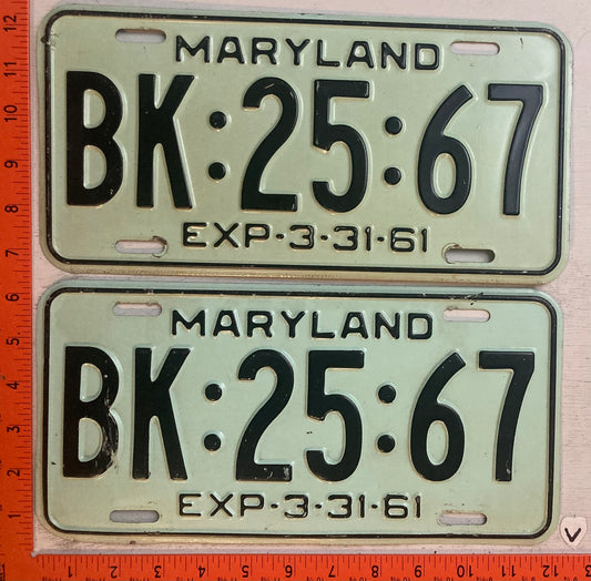 1961 Maryland #BK-25-67 Passenger License Plate (Pair)