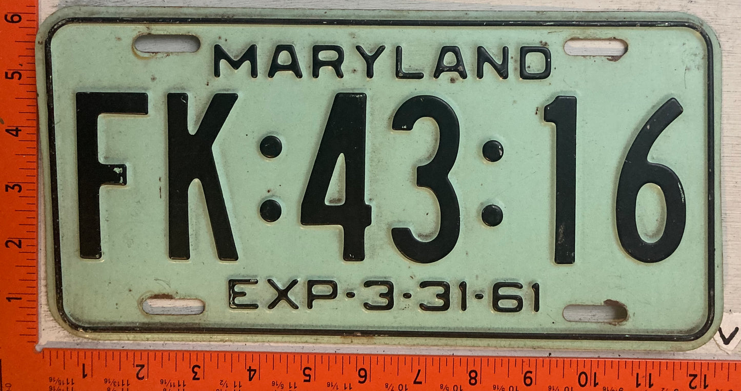 1961 Maryland #Fk-43-16 Passenger License Plate